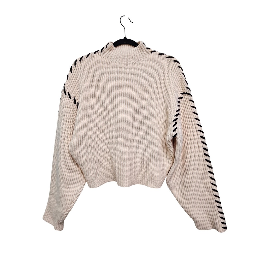 BlankNYC Sweater Women S Cream Ribbed Mock Neck Whipstitch Trim Cropped Relaxed
